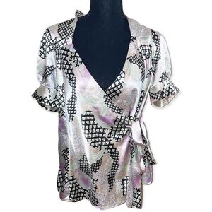 BCBGMAXAZRIA multi color satin wrap around blouse